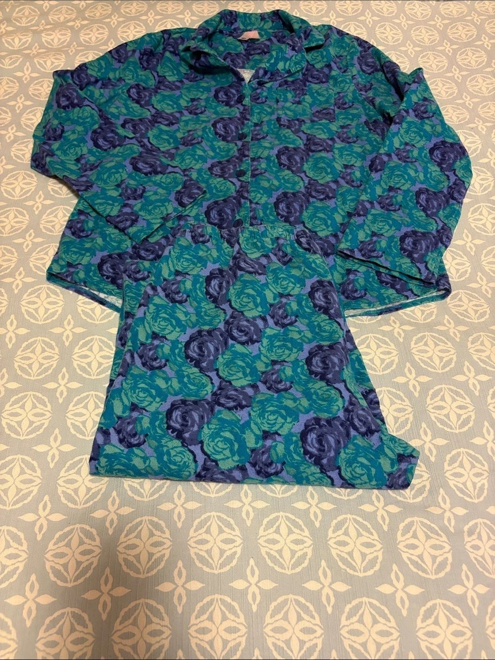 Retro 100% Cotton Floral Pajama Set Teal Blue Roses